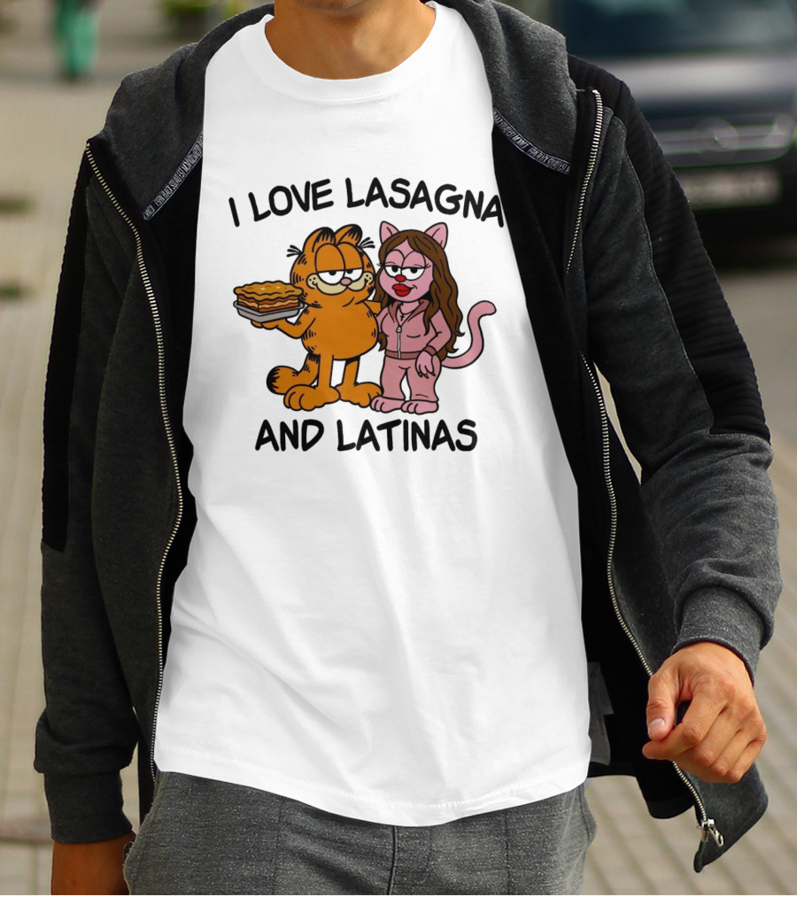 I Love Lasagna And Latinas Garfield Cartoon Cat And Latina Cat In Sunglasses T-Shirt