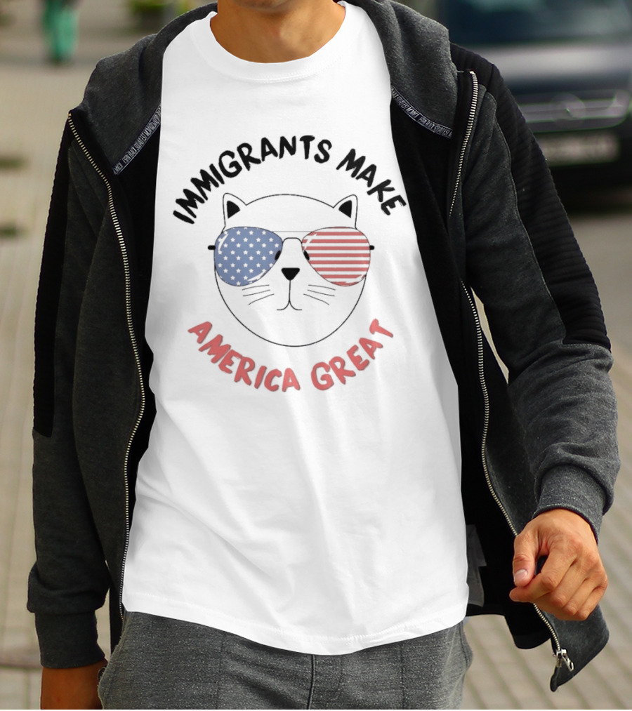 "Immigrants Make America Great Cat With Patriotic Sunglasses" T-Shirt