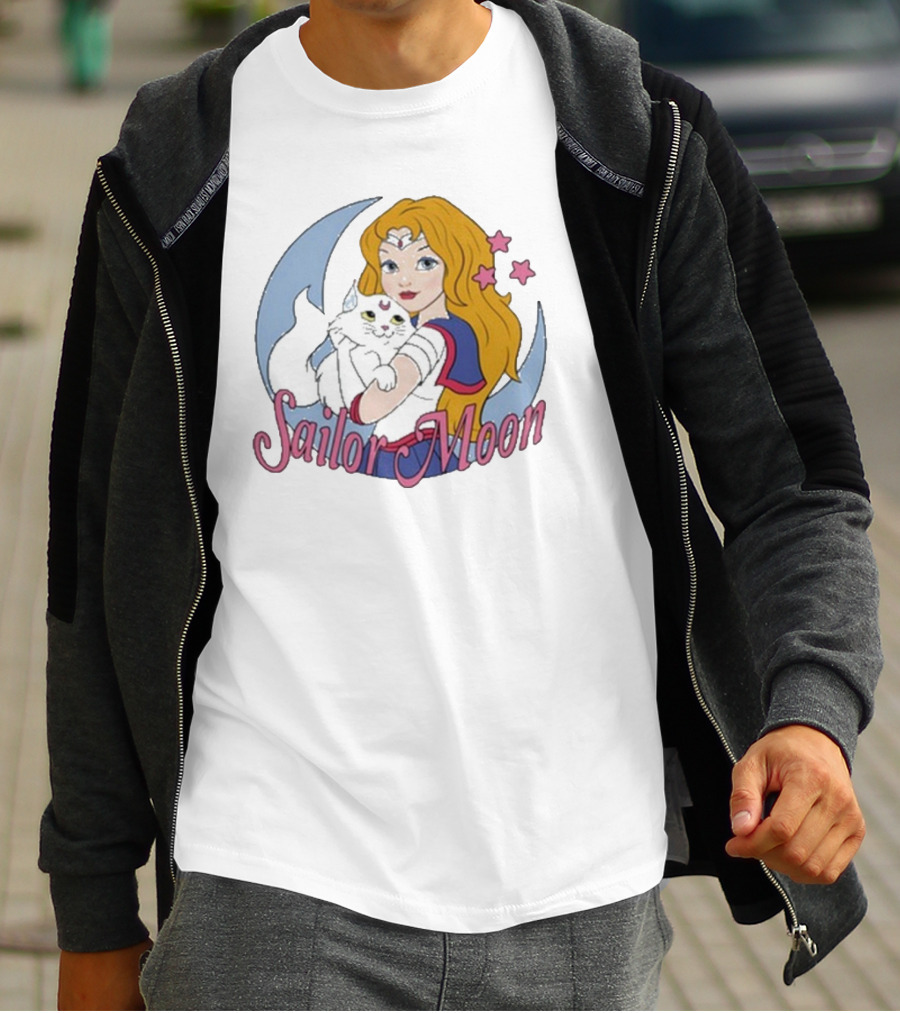 Sailor Moon Holding White Cat With Stars T-Shirt