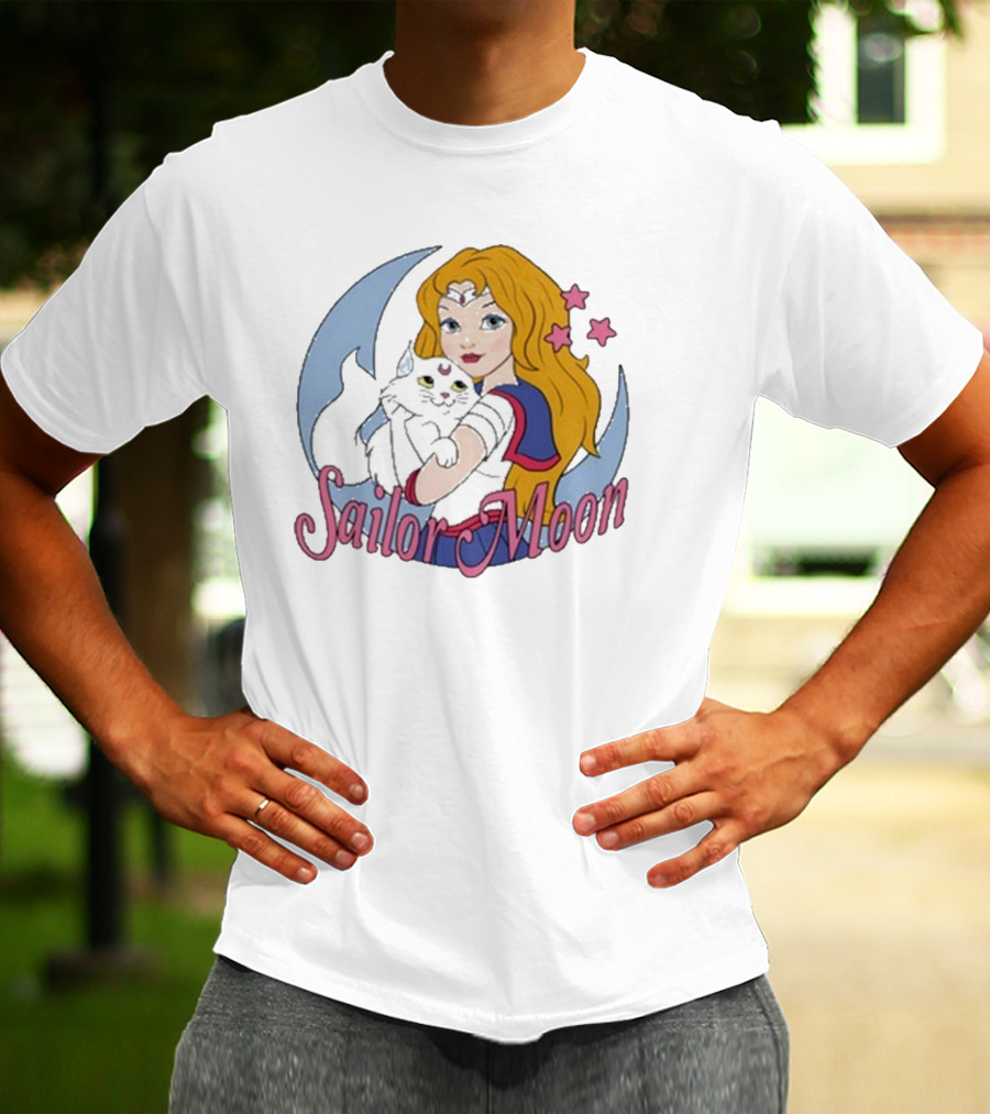 Sailor Moon Holding White Cat With Stars T-Shirt