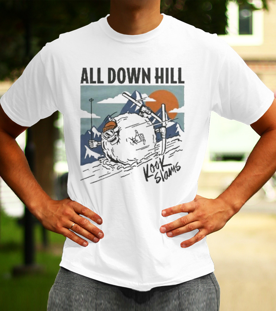 Kook Slams All Down Hill Skiing Adventure Orange Sunset Rugged Mountains T-Shirt