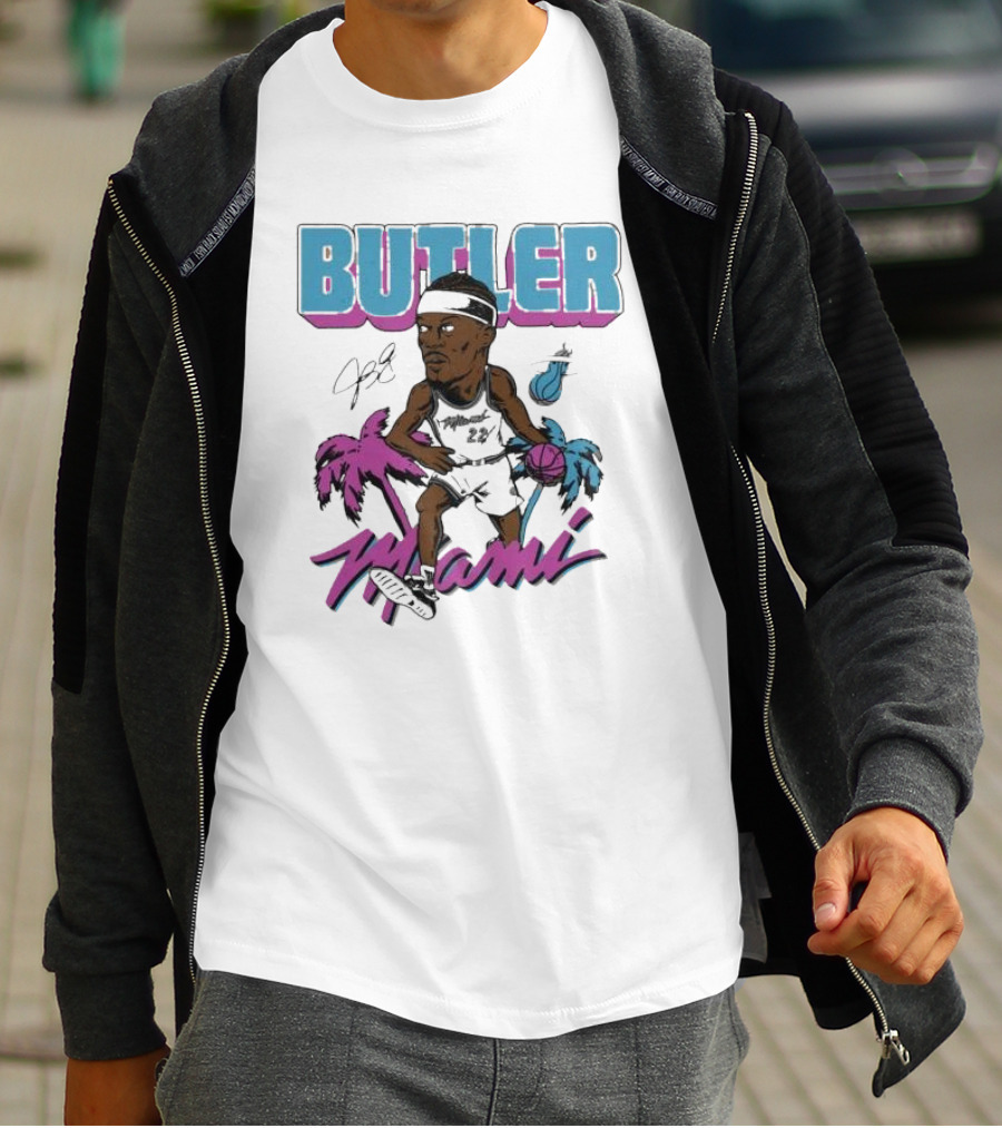 Butler Miami Basketball Caricature With Palm Trees And Flaming Ball T-Shirt