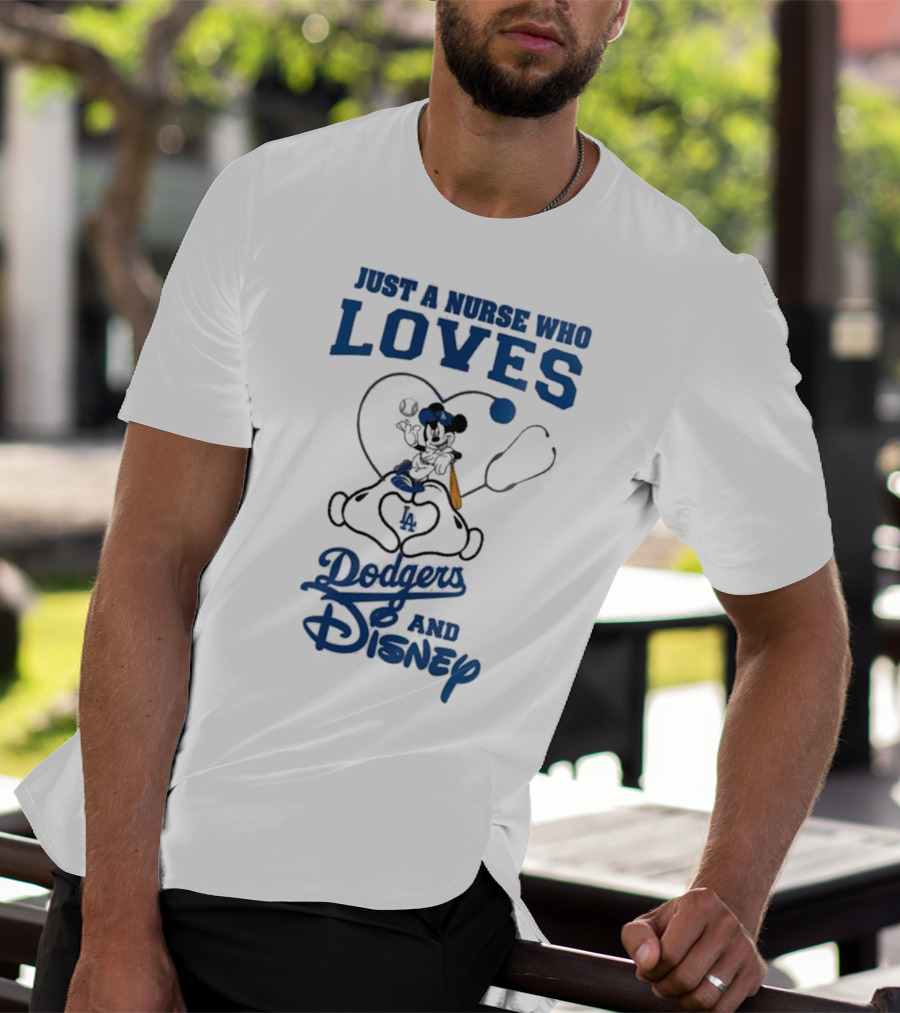 Just A Nurse Who Loves Dodgers And Disney Mickey Mouse Baseball T-Shirt
