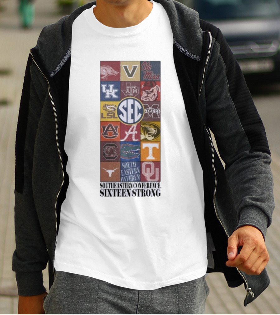 Southeastern Conference SEC Sixteen Strong Ole Miss Vols Razorbacks Kentucky LSU Auburn Alabama Gamecocks Mississippi Gators Longhorns Oklahoma T-Shirt