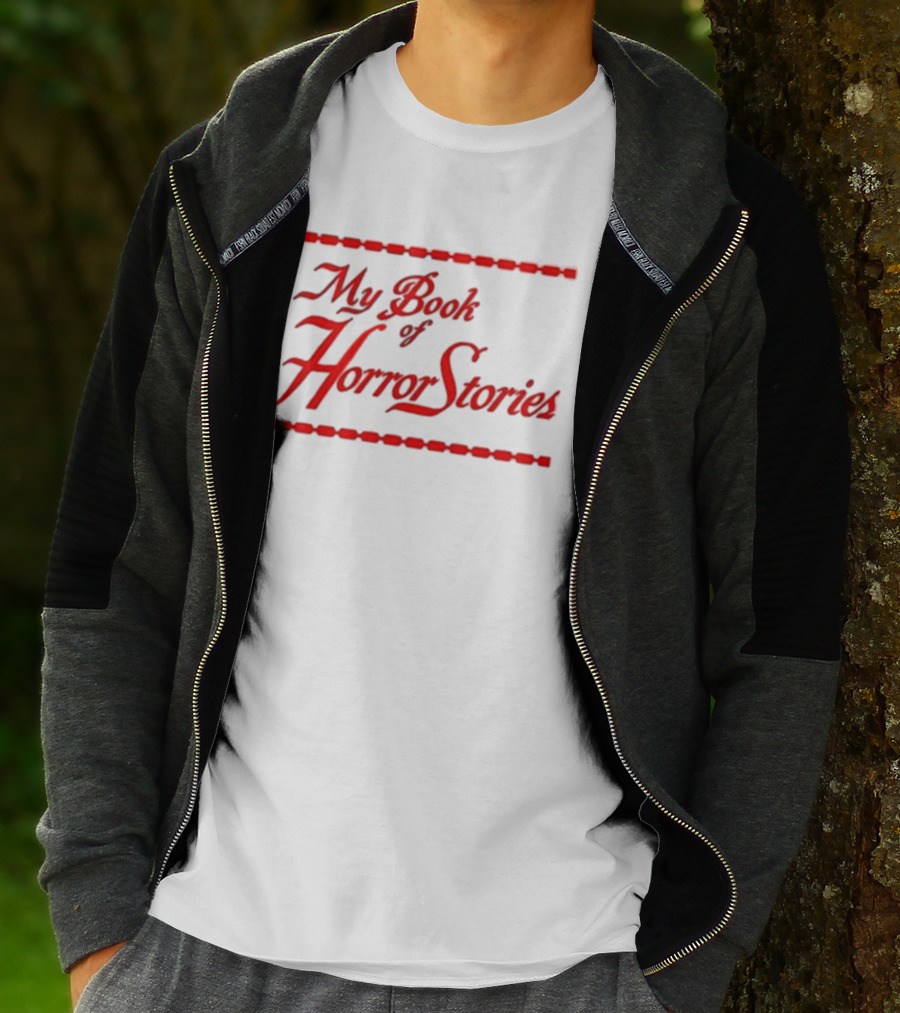 My Book Of Horror Stories Red Gothic Text With Chain Border T-Shirt