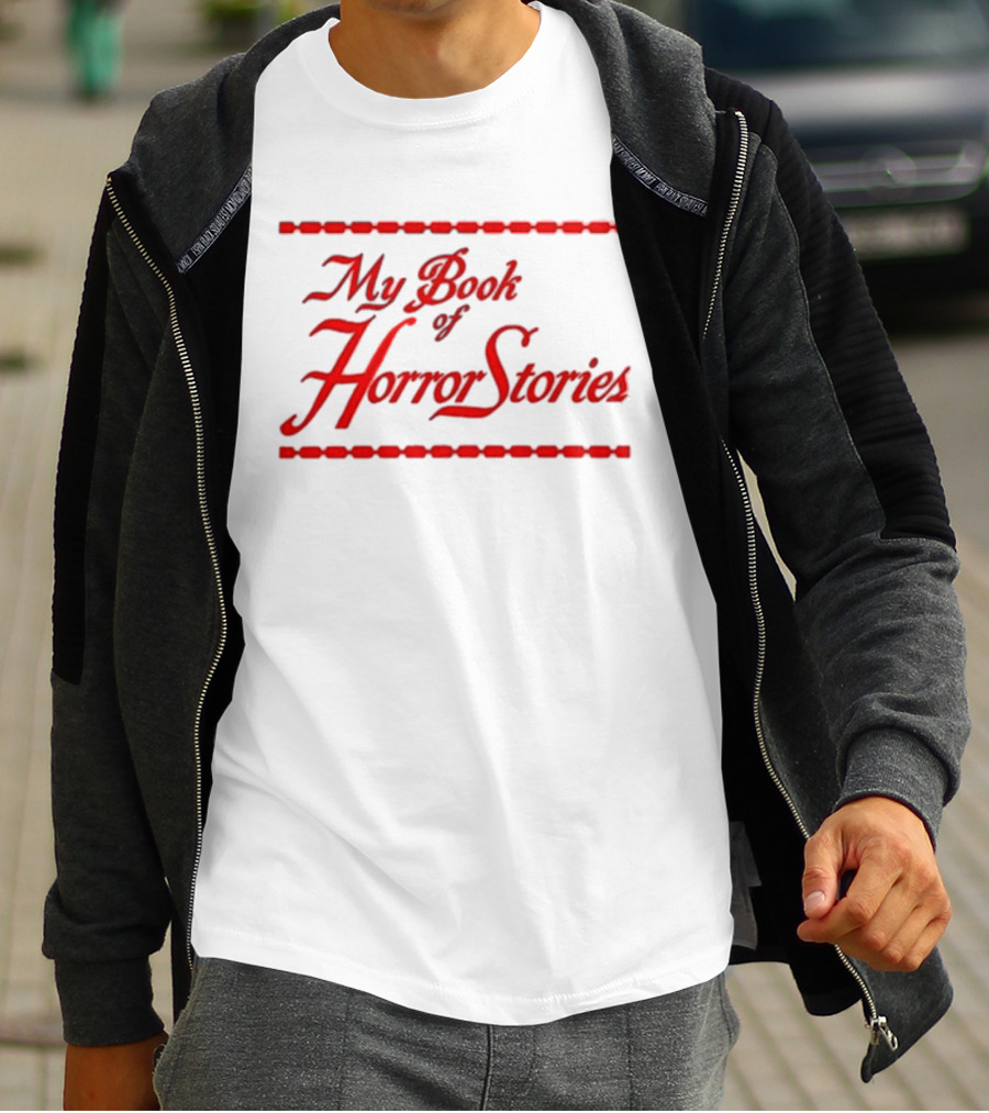 My Book Of Horror Stories Red Gothic Text With Chain Border T-Shirt