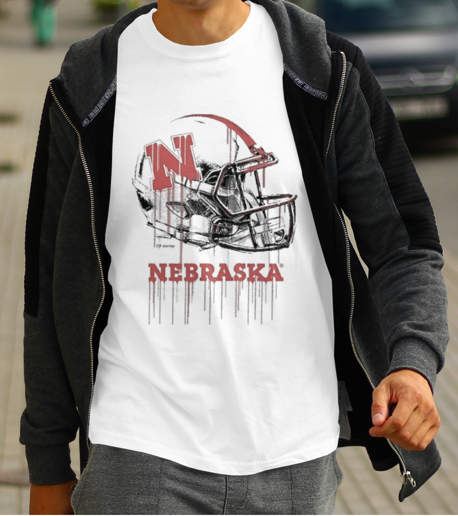 Nebraska Huskers N Dripping Football Helmet T-Shirt