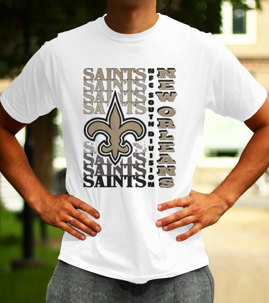 New Orleans Saints NFC South Division Fleur-de-Lis Saints Text Pattern T-Shirt