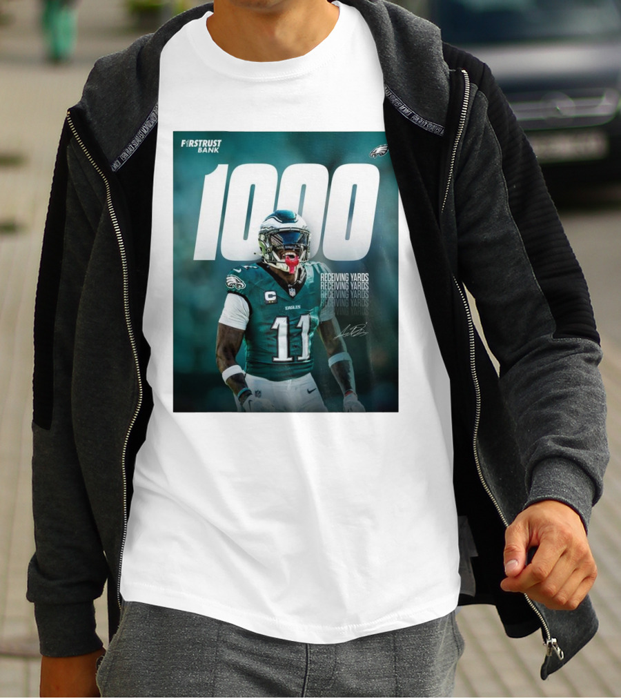 Philadelphia Eagles A.J. Brown 1000 Receiving Yards Signature Fly Eagles Fly NFL T-Shirt