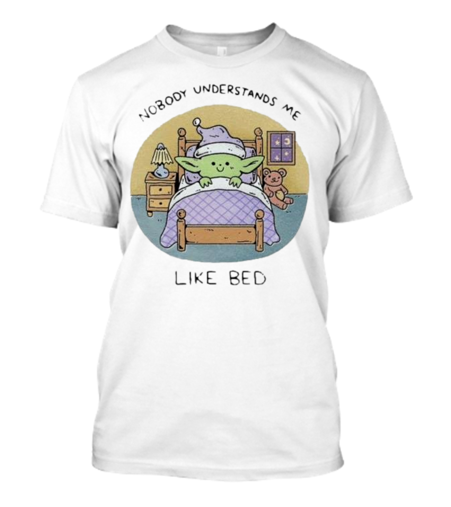 Nobody Understands Me Like Bed Cute Green Alien Cartoon Pajamas Nighttime Scene T-Shirt