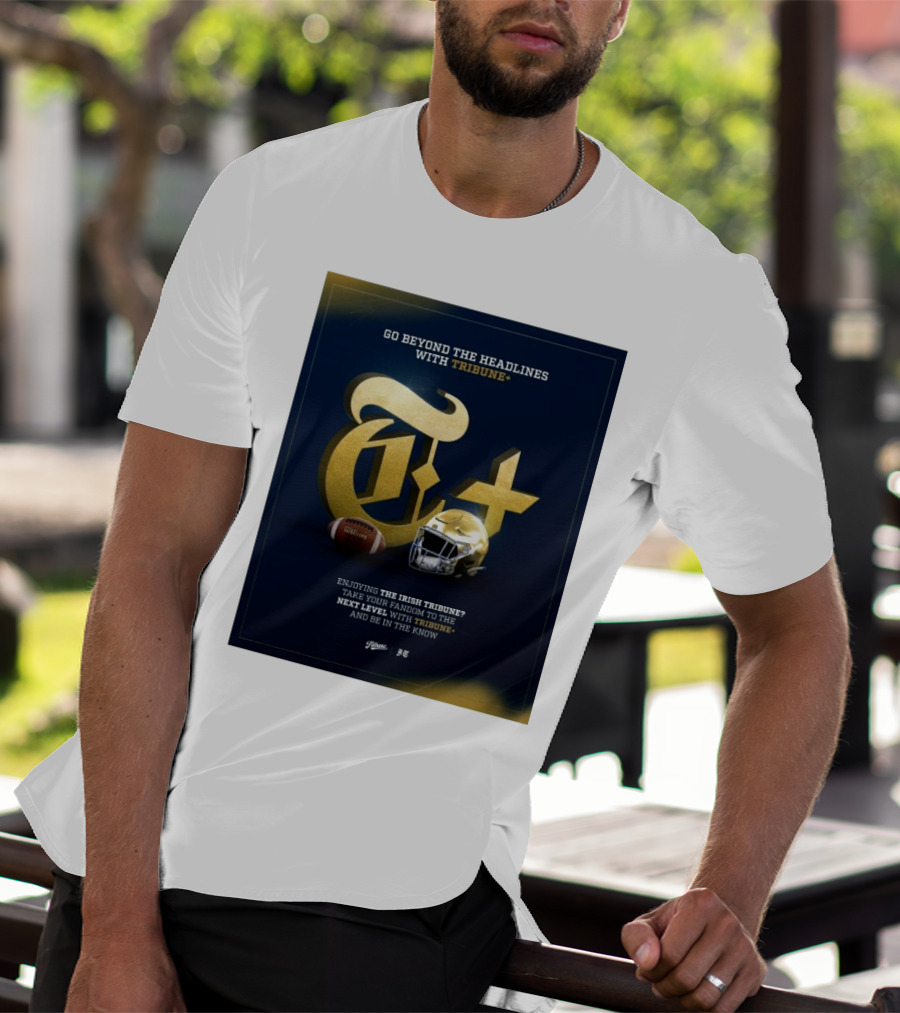 Notre Dame Fighting Irish Tribune+ Go Beyond The Headlines Football Helmet T-Shirt