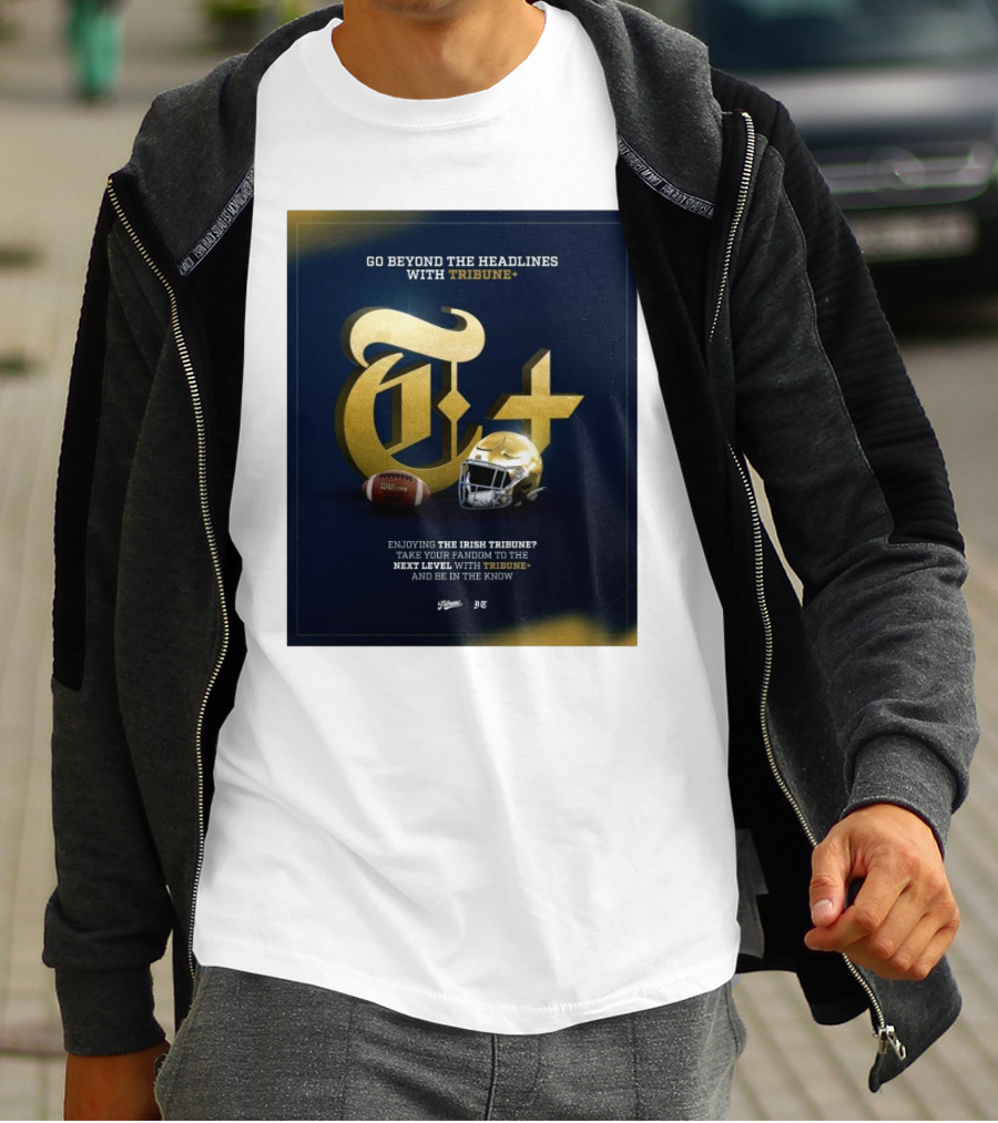 Notre Dame Fighting Irish Tribune+ Go Beyond The Headlines Football Helmet T-Shirt