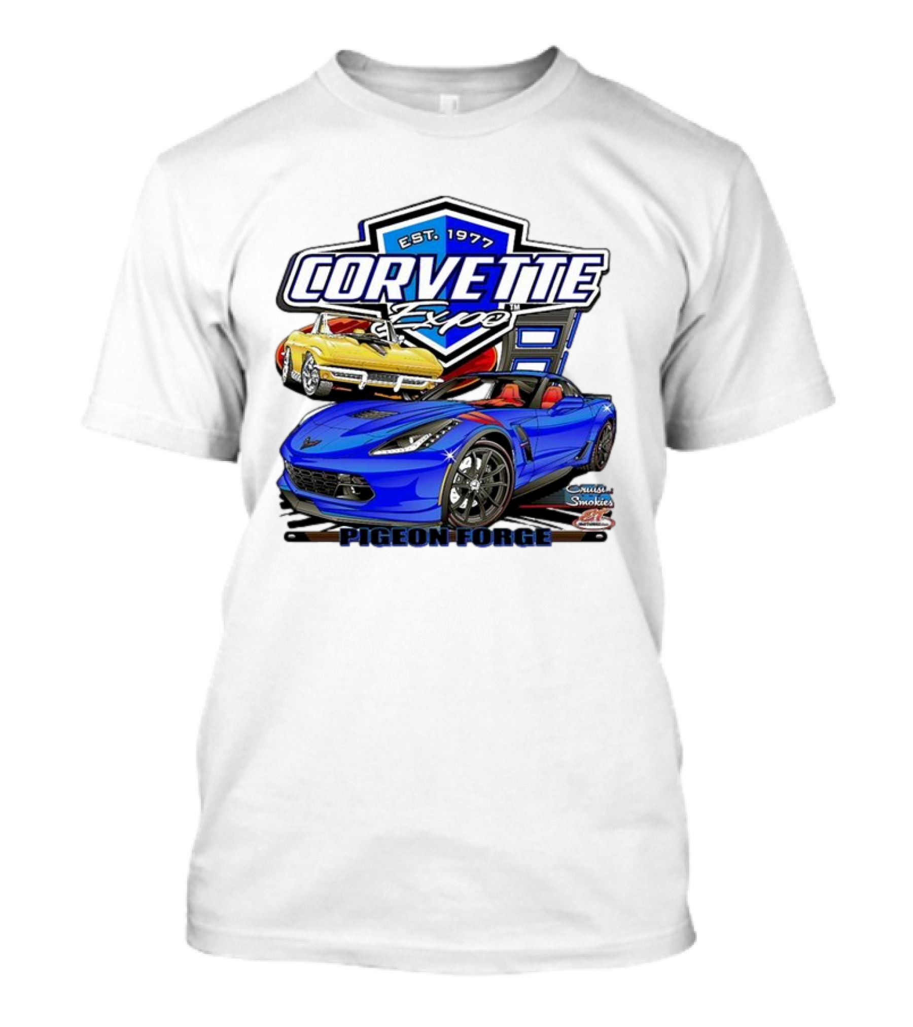Corvette Expo Pigeon Forge 1977 Blue And Yellow Cars Cruise The Smokies T-Shirt