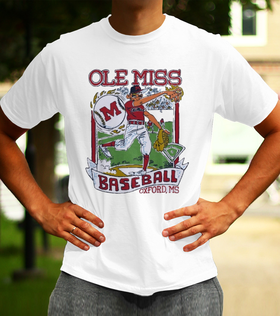 Ole Miss Baseball Oxford MS Pitcher Illustration With M Logo T-Shirt