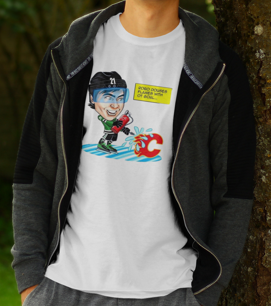 Robo Douses Flames With OT Goal Hockey Player Cartoon Extinguishing Calgary Flame Logo T-Shirt