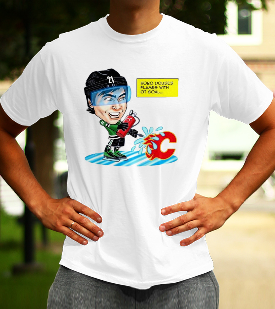 Robo Douses Flames With OT Goal Hockey Player Cartoon Extinguishing Calgary Flame Logo T-Shirt