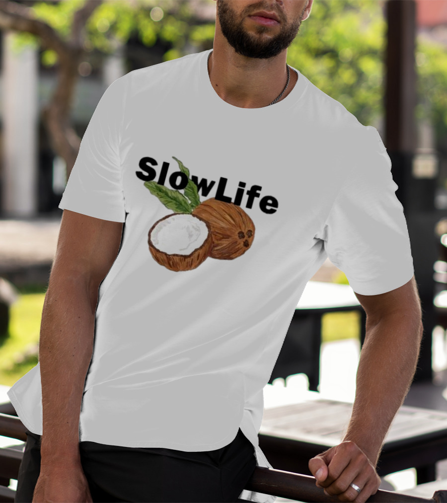 Slow Life Coconut Illustration With Text And Leaves T-Shirt