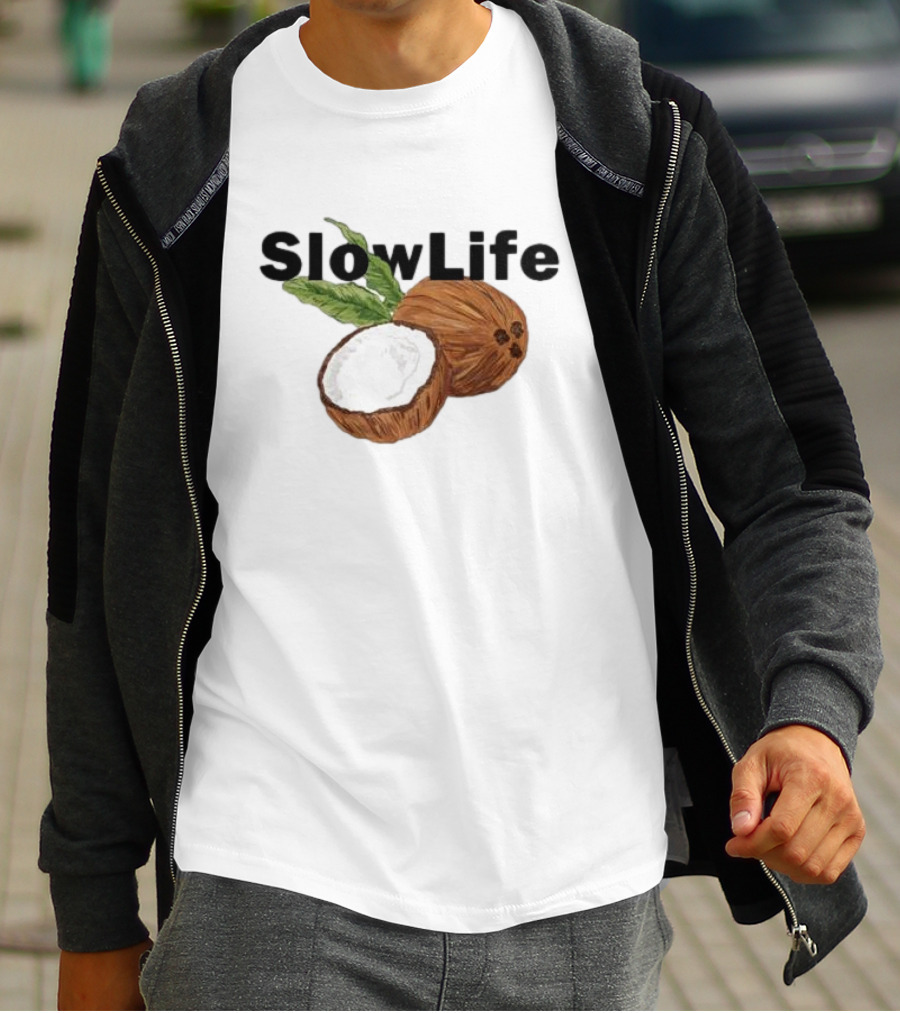 Slow Life Coconut Illustration With Text And Leaves T-Shirt