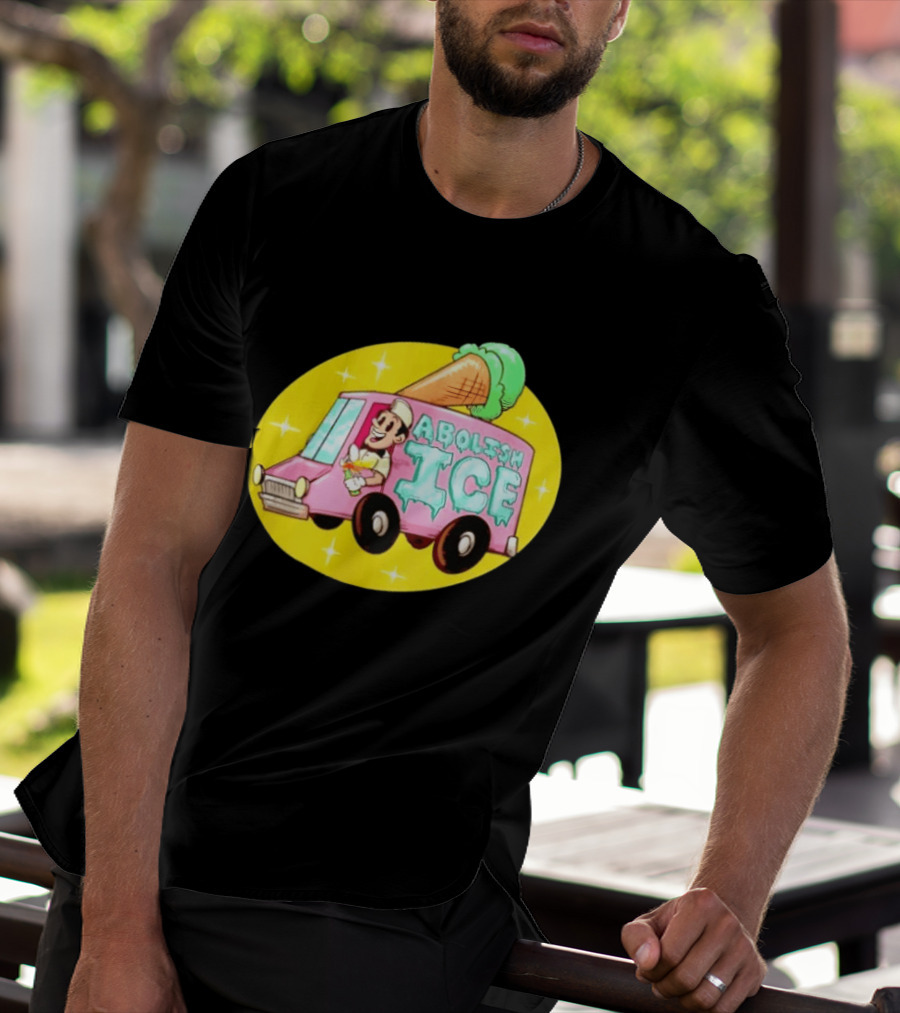 Abolish Ice Pink Ice Cream Truck With Melting Cone On Yellow T-Shirt