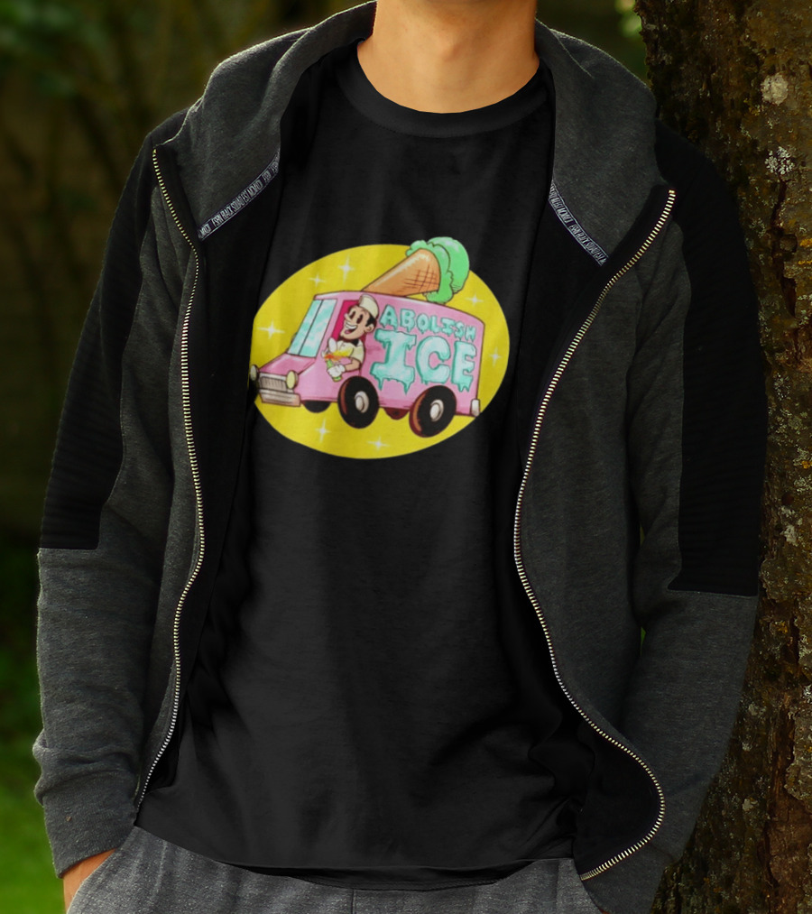 Abolish Ice Pink Ice Cream Truck With Melting Cone On Yellow T-Shirt
