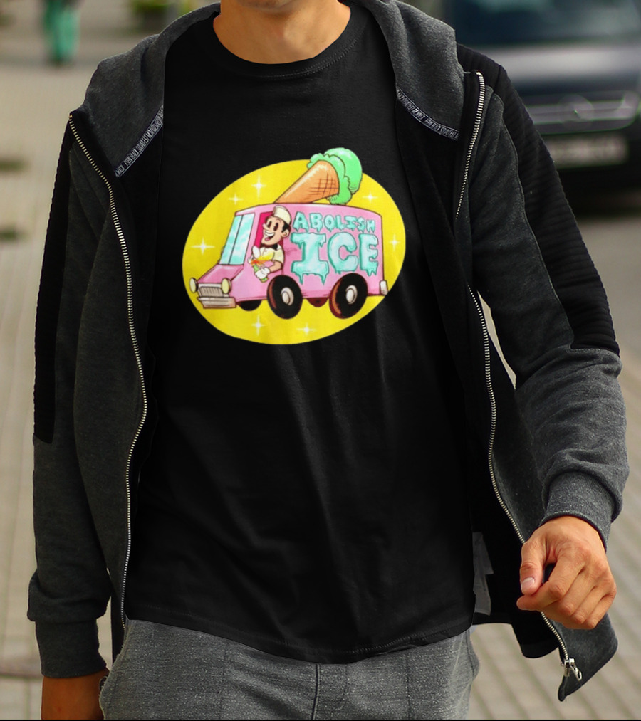 Abolish Ice Pink Ice Cream Truck With Melting Cone On Yellow T-Shirt