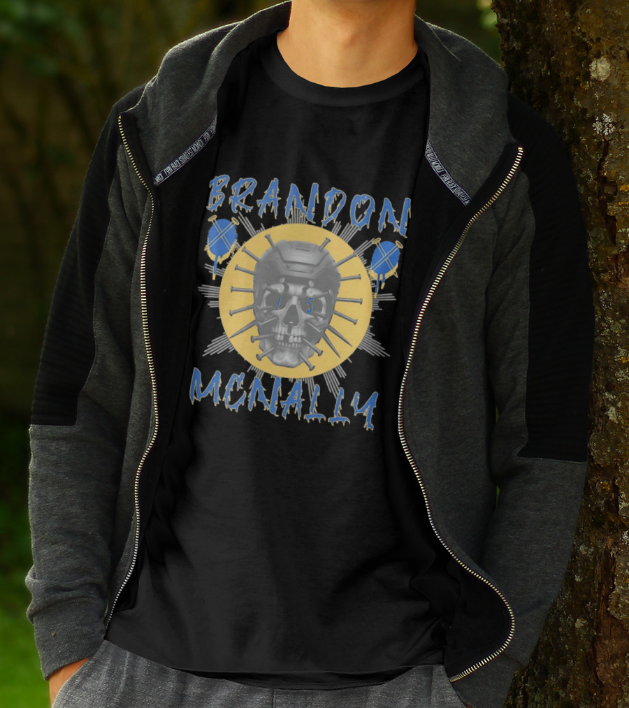 Brandon McNally Hockey Skull 15 Helmet Nails Blue Yellow T-Shirt