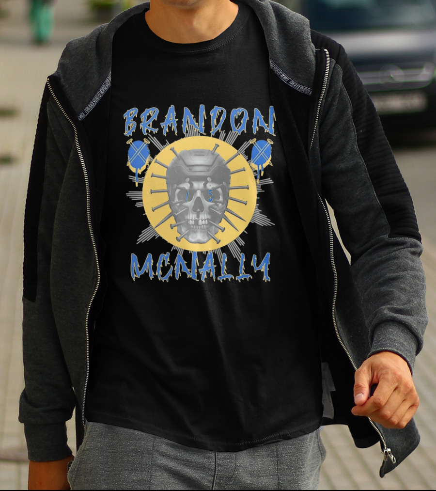Brandon McNally Hockey Skull 15 Helmet Nails Blue Yellow T-Shirt