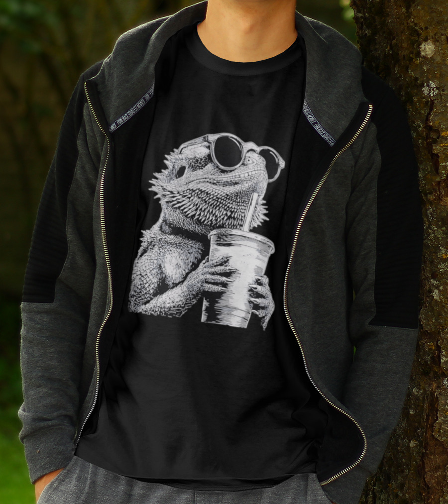Bearded Dragon With Sunglasses Drinking Iced Coffee T-Shirt