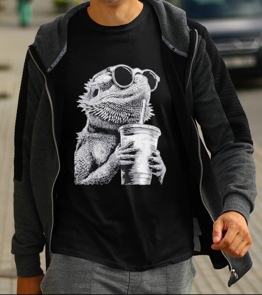 Bearded Dragon With Sunglasses Drinking Iced Coffee T-Shirt