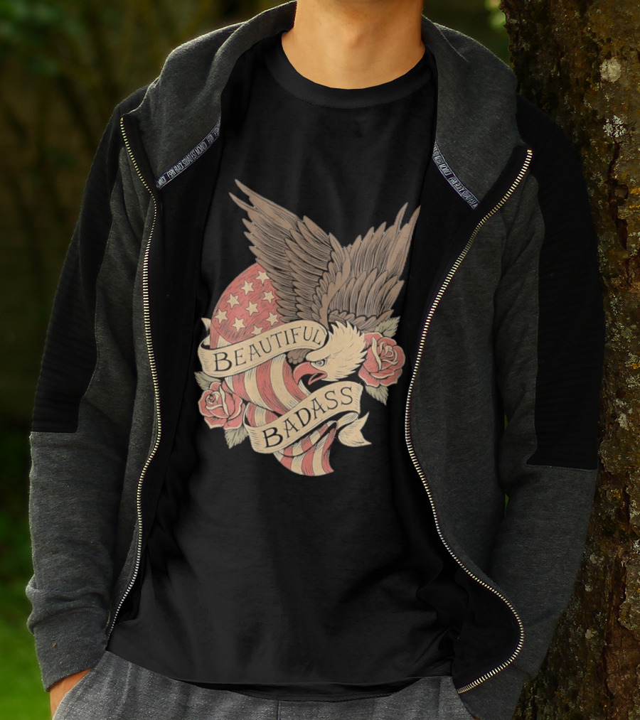 Beautiful Badass Eagle With American Flag And Roses T-Shirt