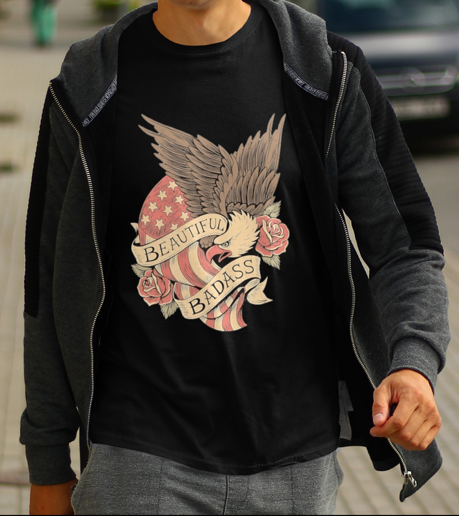 Beautiful Badass Eagle With American Flag And Roses T-Shirt