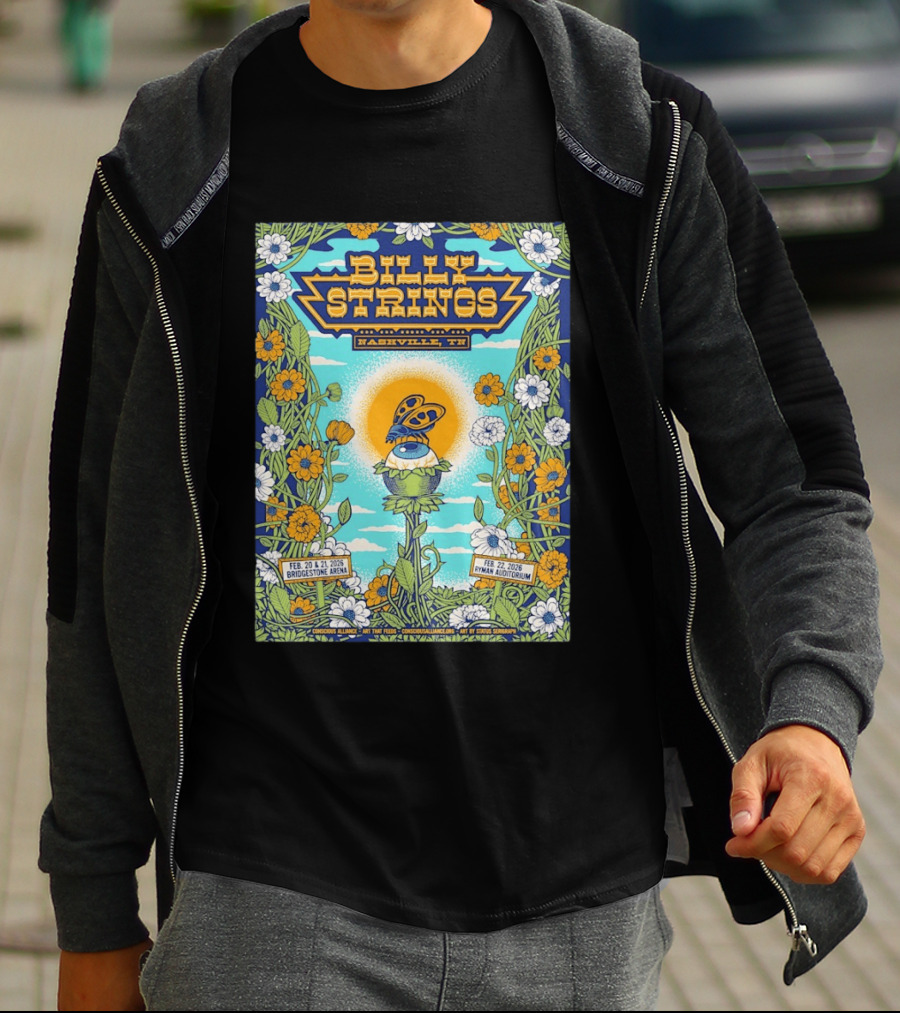 Billy Strings Nashville TN Bridgestone Arena Ryman Auditorium February 2026 Butterfly Flowers T-Shirt