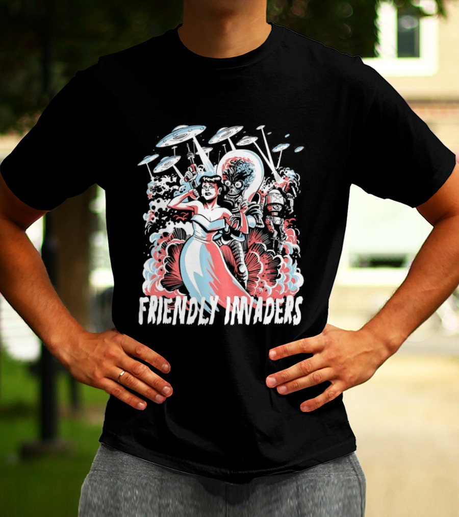 Friendly Invaders Retro UFO Invasion Art With Vintage Sci Fi T-Shirt