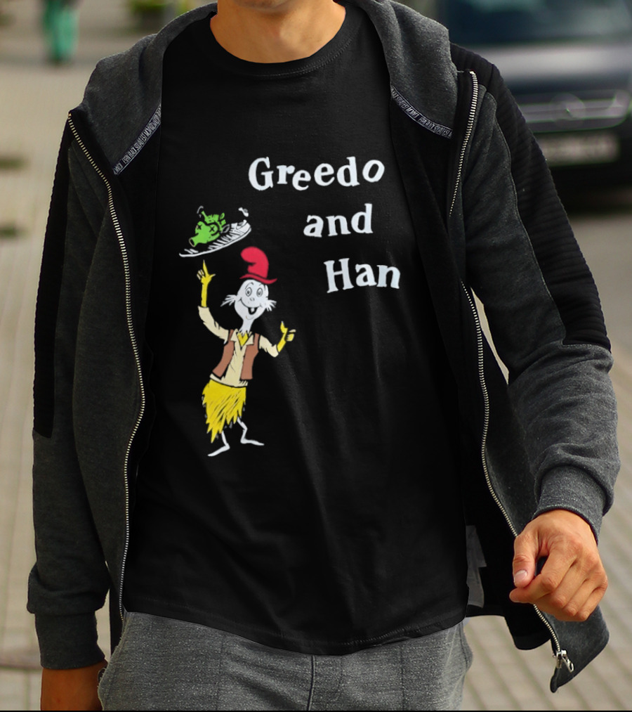 Greedo And Han Whimsical Cartoon Character Balancing Act T-Shirt