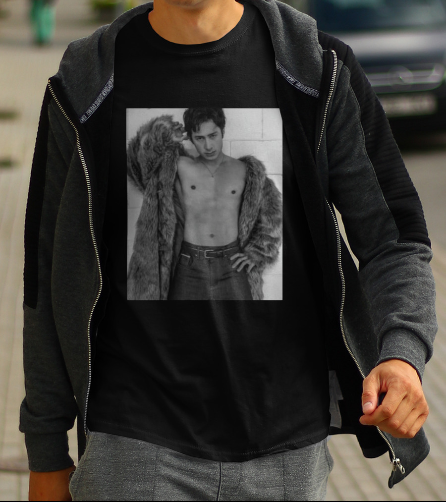 Hudson Williams Bold Fur Coat Statement With Classic Denim T-Shirt