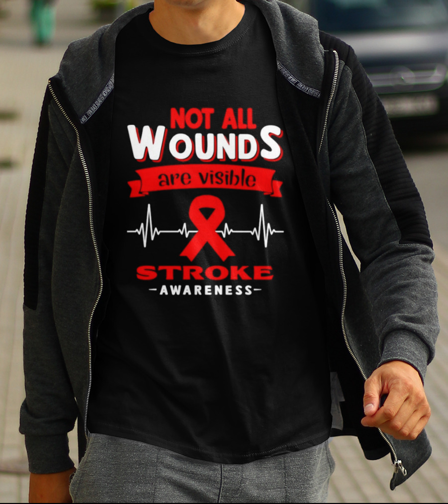 Red Ribbon Heartbeat Not All Wounds Are Visible Stroke Awareness T-Shirt