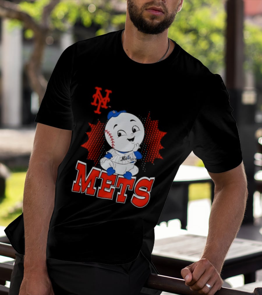 NY Mets Mr. Met Cartoon Character With Baseball And Team T-Shirt