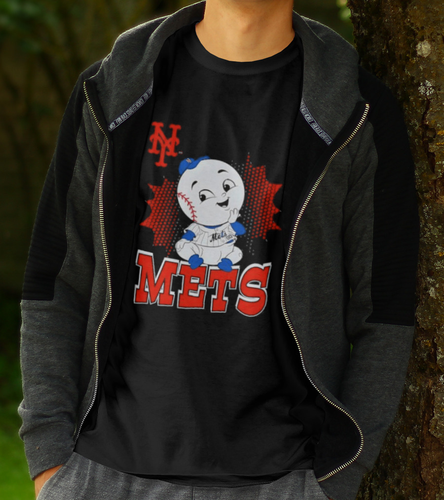 NY Mets Mr. Met Cartoon Character With Baseball And Team T-Shirt