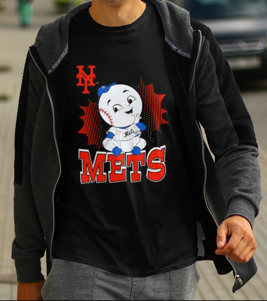 NY Mets Mr. Met Cartoon Character With Baseball And Team T-Shirt