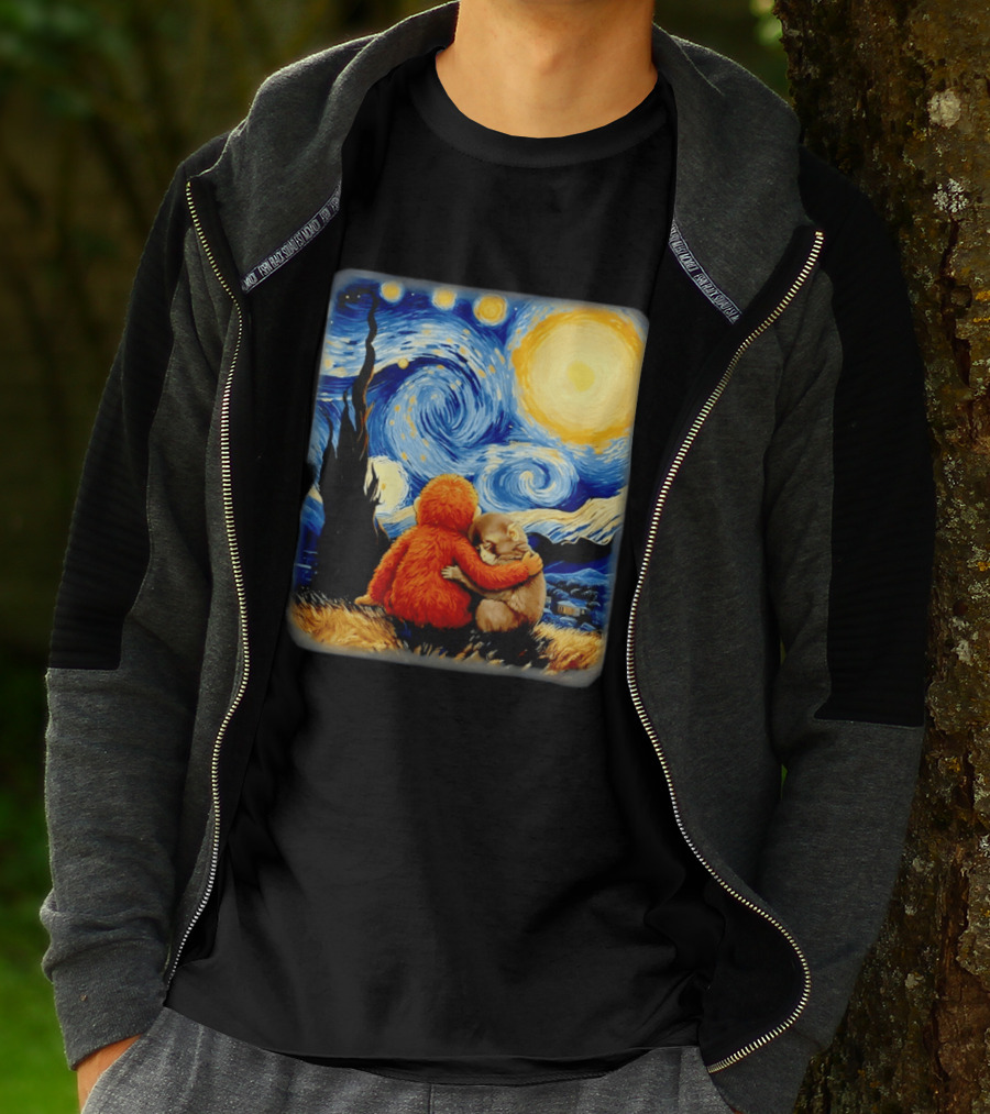 Punch Kun Panchi Kun Van Gogh Monkey Punch Starry Night Hugging Scene T-Shirt