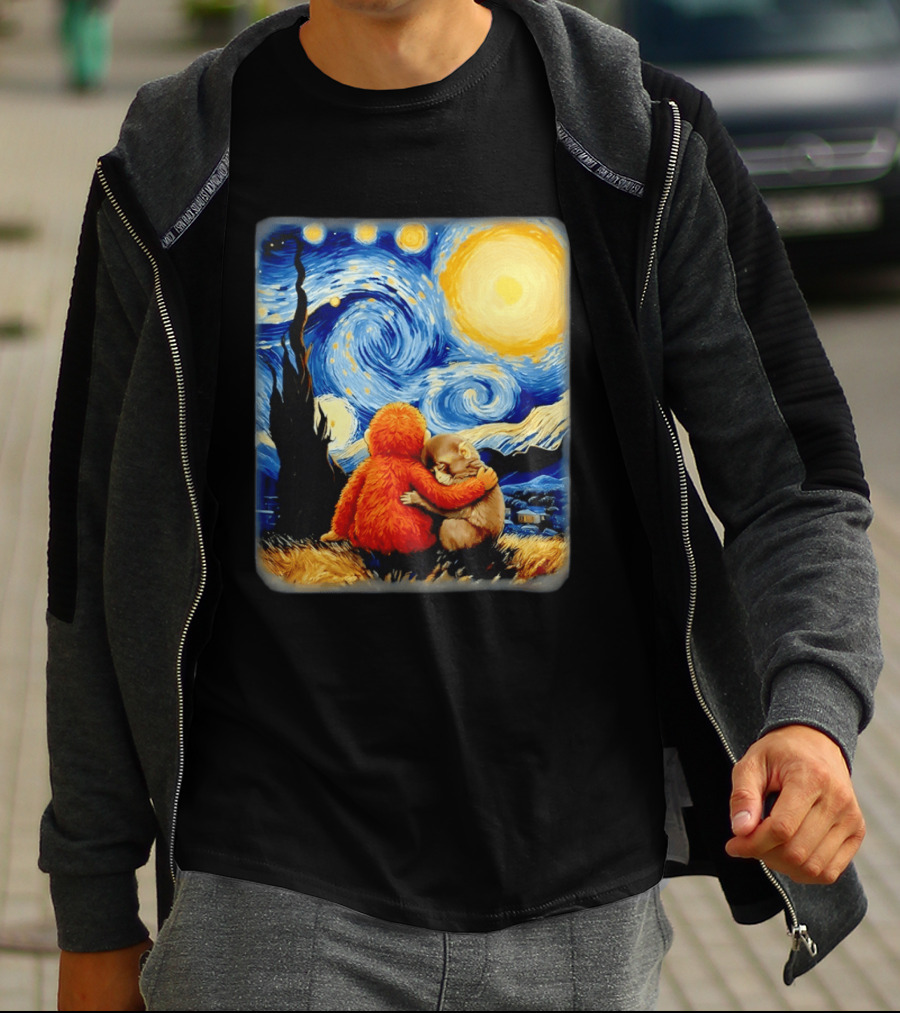Punch Kun Panchi Kun Van Gogh Monkey Punch Starry Night Hugging Scene T-Shirt