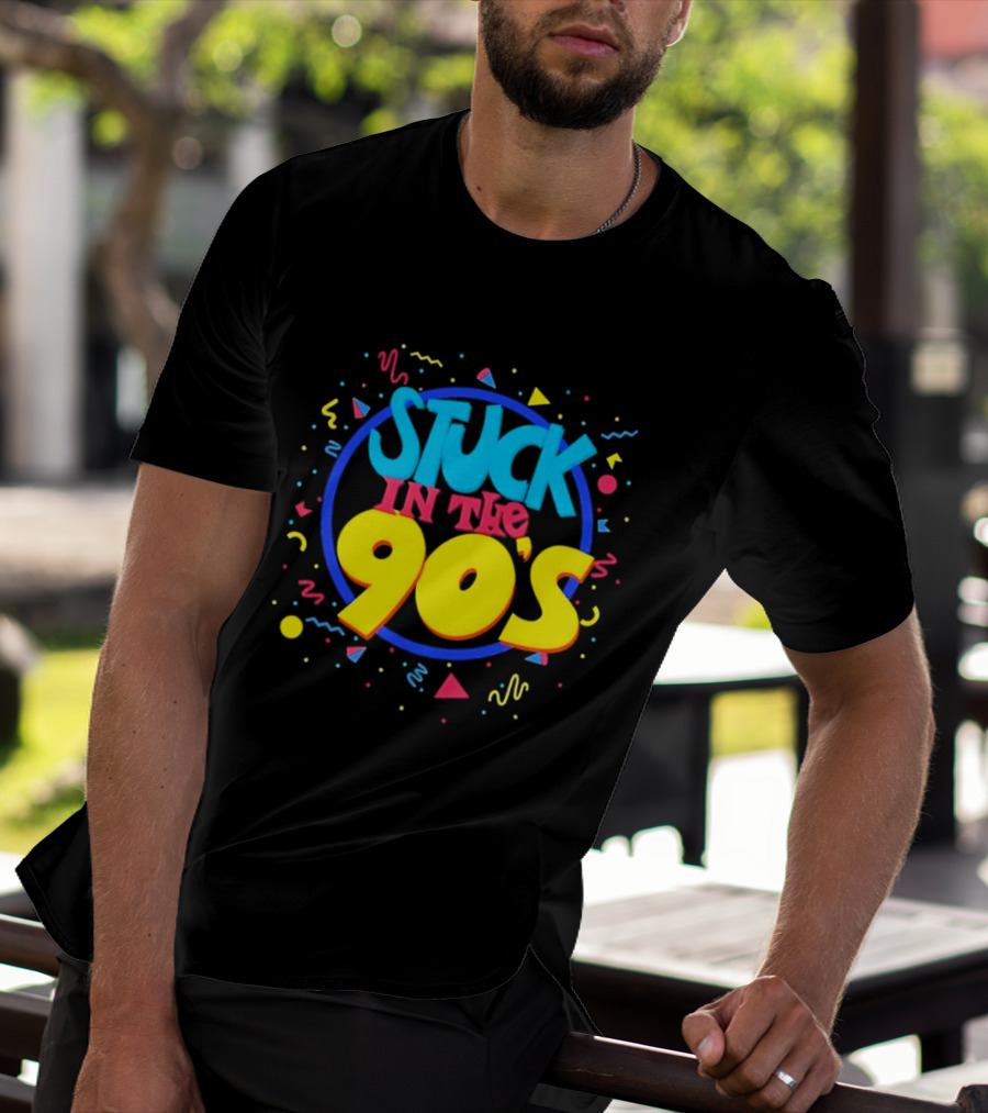 Stuck In The 90s Colorful Retro Vibes With Bold Typography And 90s T-Shirt