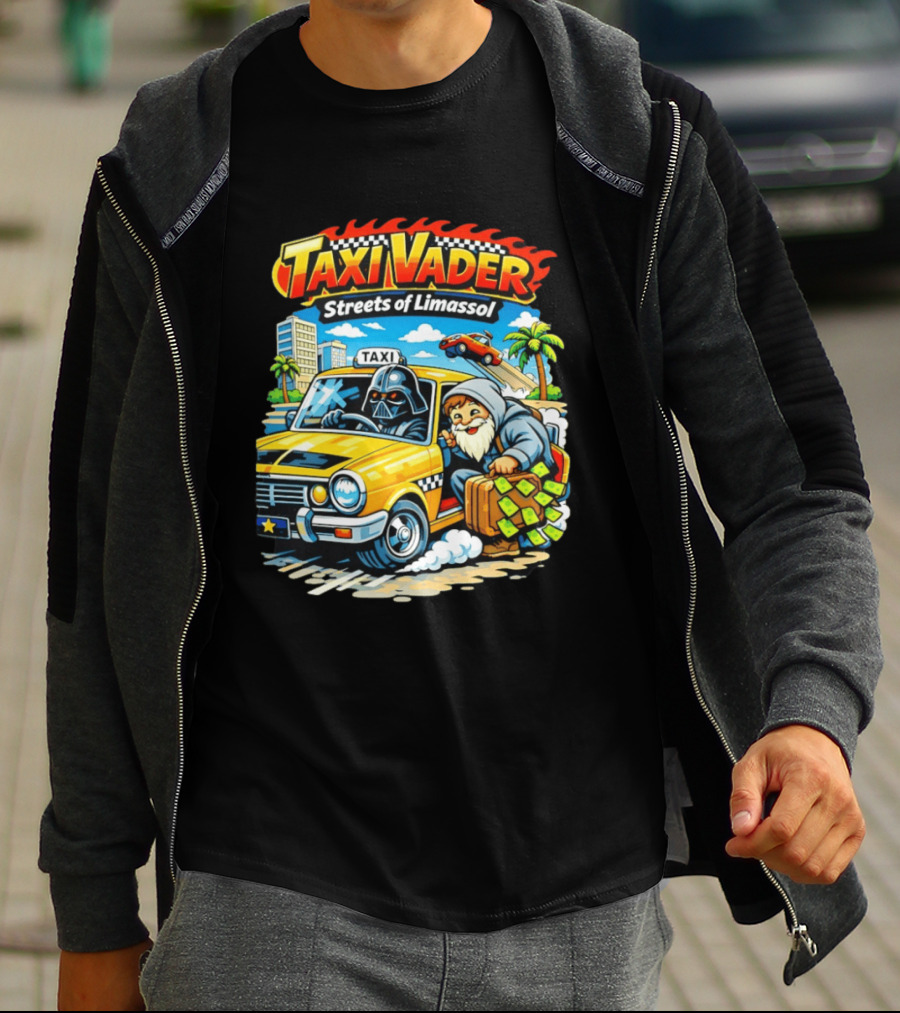 Taxi Vader Streets Of Limassol Adventure With Iconic Characters And Yellow Cab In Cityscape T-Shirt