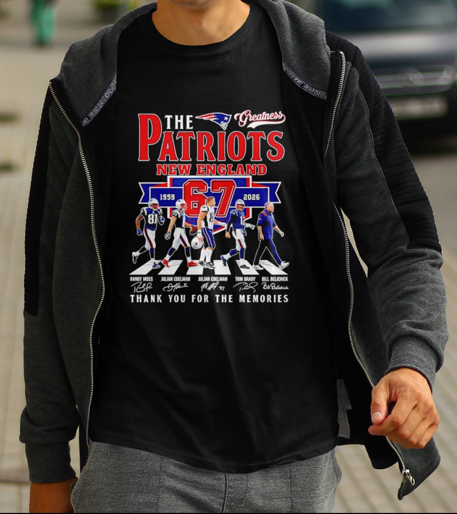 The Patriots New England 67 Years 1959 2026 Thank You For The Memories Greatness Signatures T-Shirt