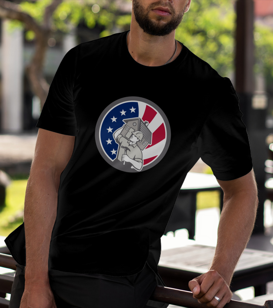 American Building Contractor USA Flag Home Construction Worker T-Shirt