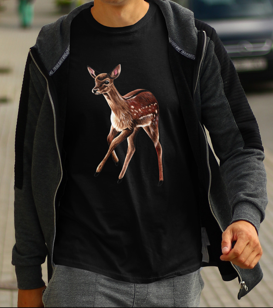 Baby Fallow Deer Fawn Ink And Watercolour Wildlife T-Shirt