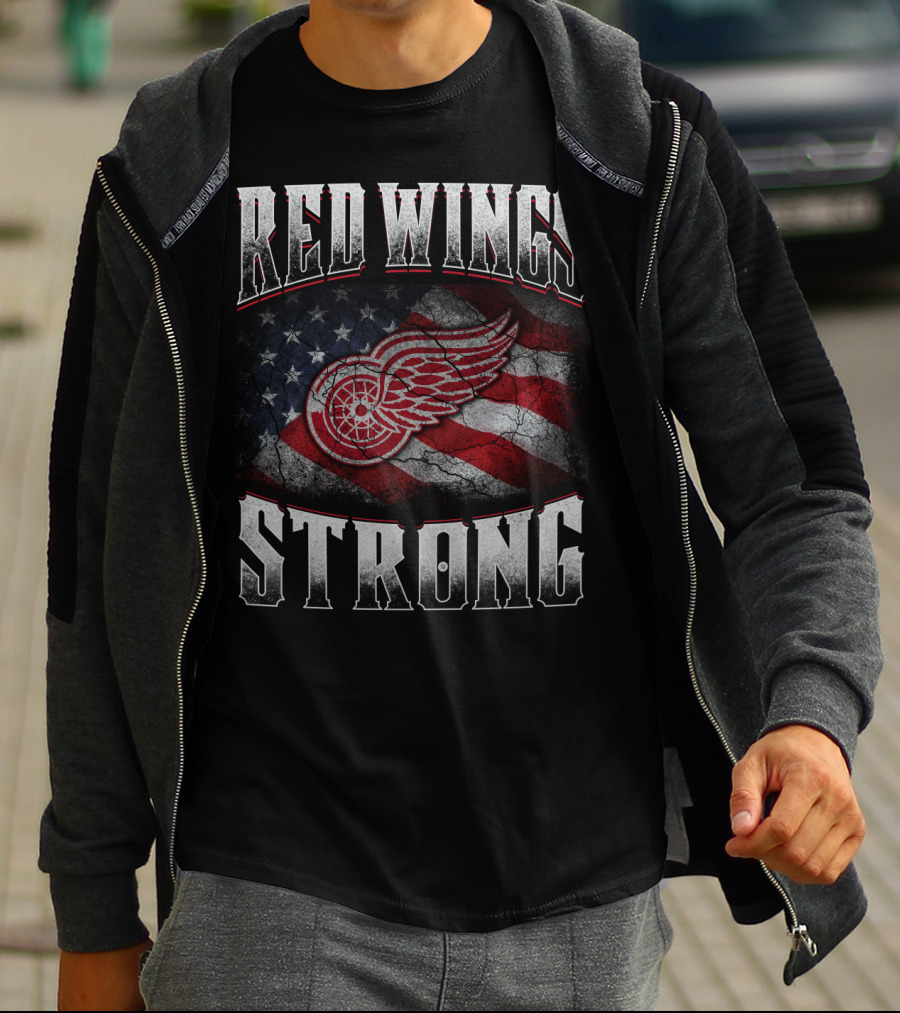 Red Wings Strong American Flag Winged Wheel T-Shirt