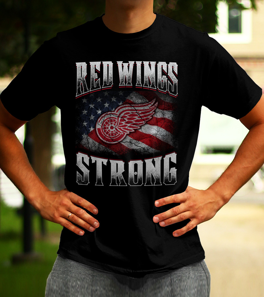 Red Wings Strong American Flag Winged Wheel T-Shirt