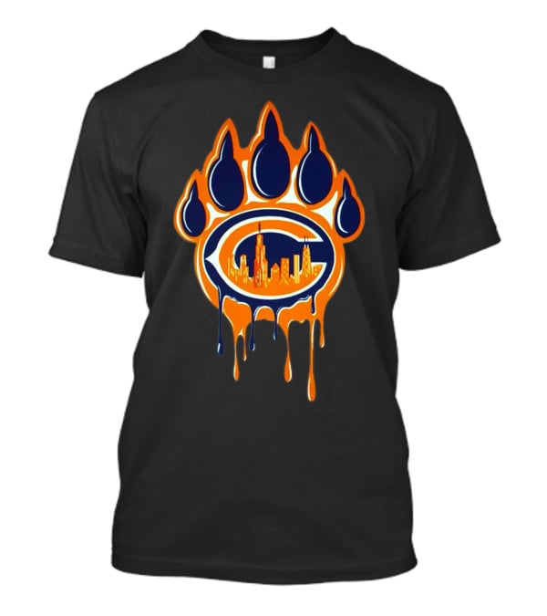 Chicago Bears Paw Print Skyline Dripping C Logo Navy And Orange T-Shirt