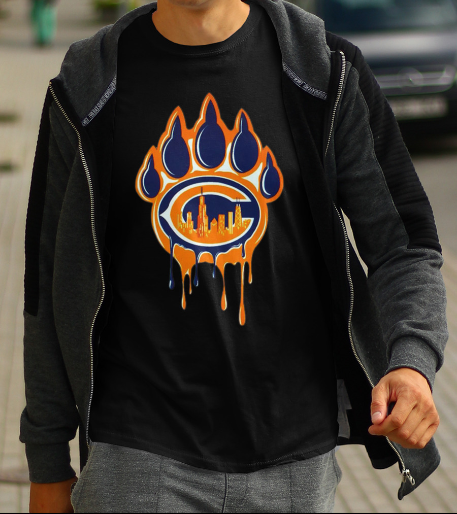 Chicago Bears Paw Print Skyline Dripping C Logo Navy And Orange T-Shirt
